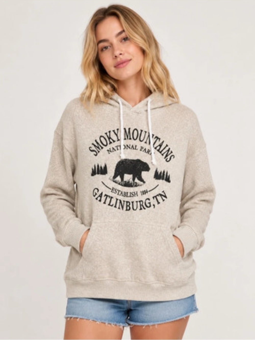 Smoky Mountains Graphic Crewneck Hoodie Sweater - Beige